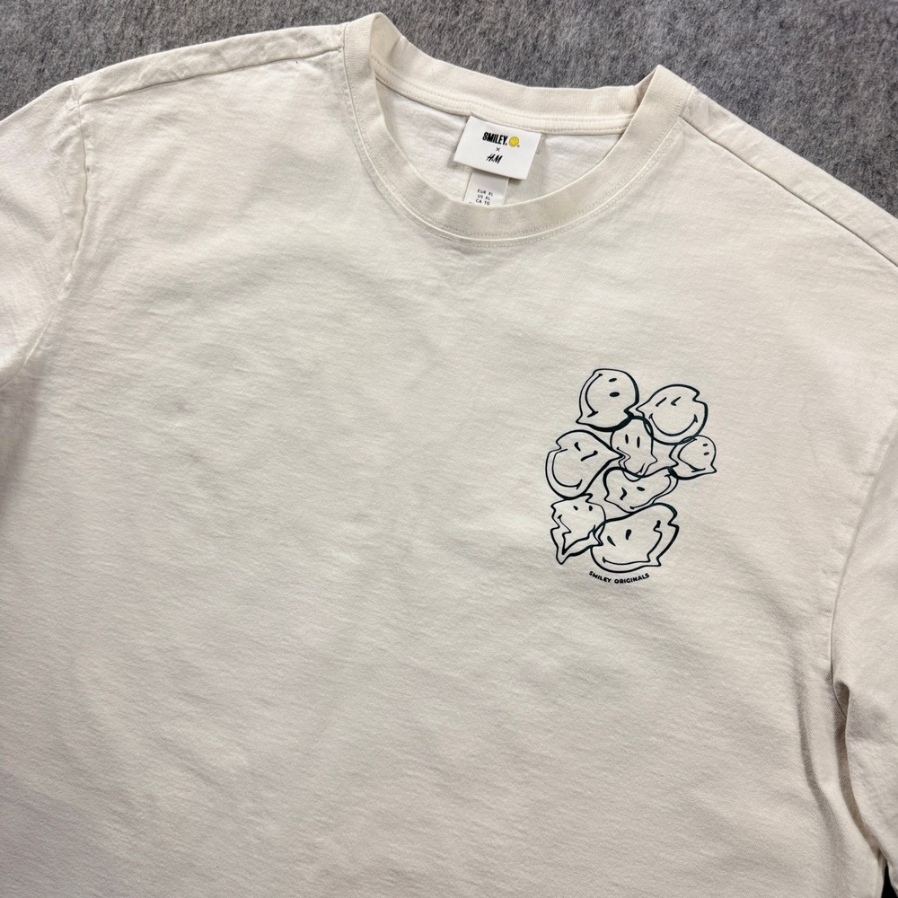 H&M x Smiley Mens Graphic Short Sleeve T-Shirt XL Cream Melting Smiley Face